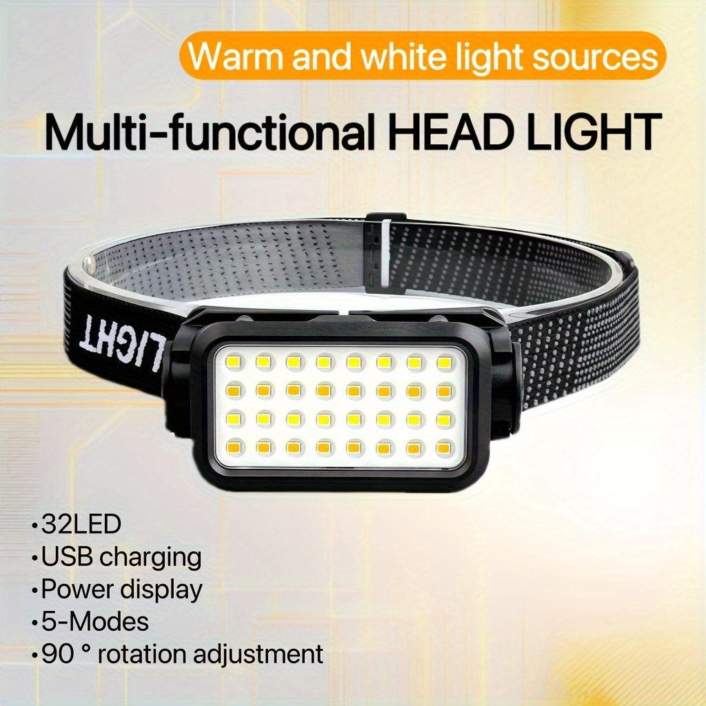 

A Rechargeable Headlamp 32 Leds, 5 , Long Battery , Usb Charging, 70° For Portability, , Suitable For At , Signaling, , Walking, Running, , And Camping.