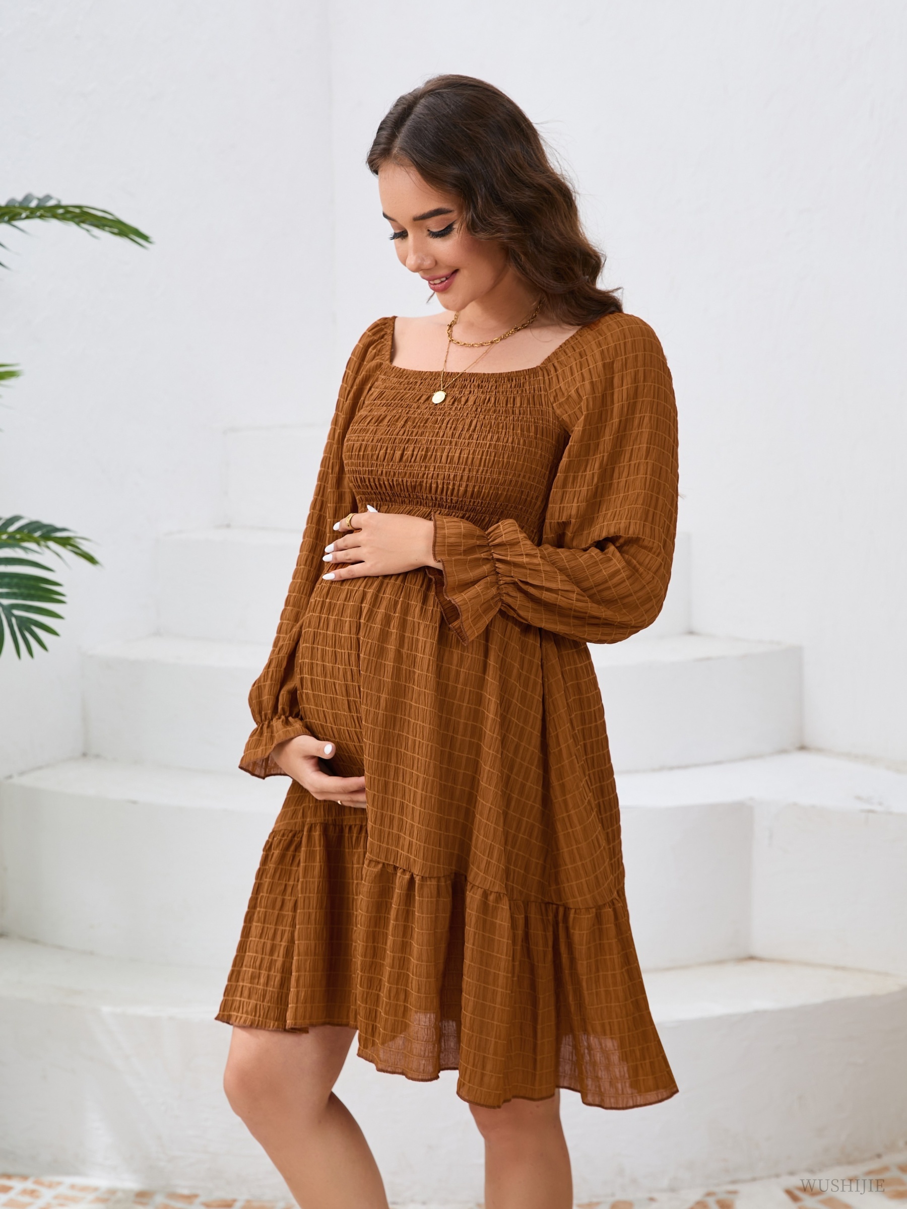 brown lace maternity dress Aveny | Brown Crew-Neck Maternity Maxi Dress With Ruched-Detailing And Sash