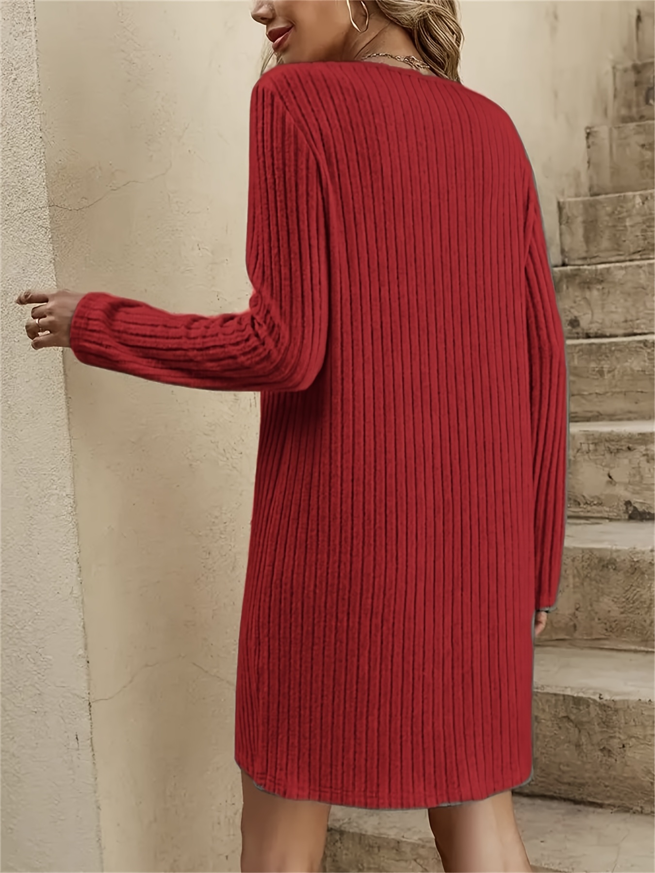 plus size plus size v neck long sleeve ribbed dress women's - Temu