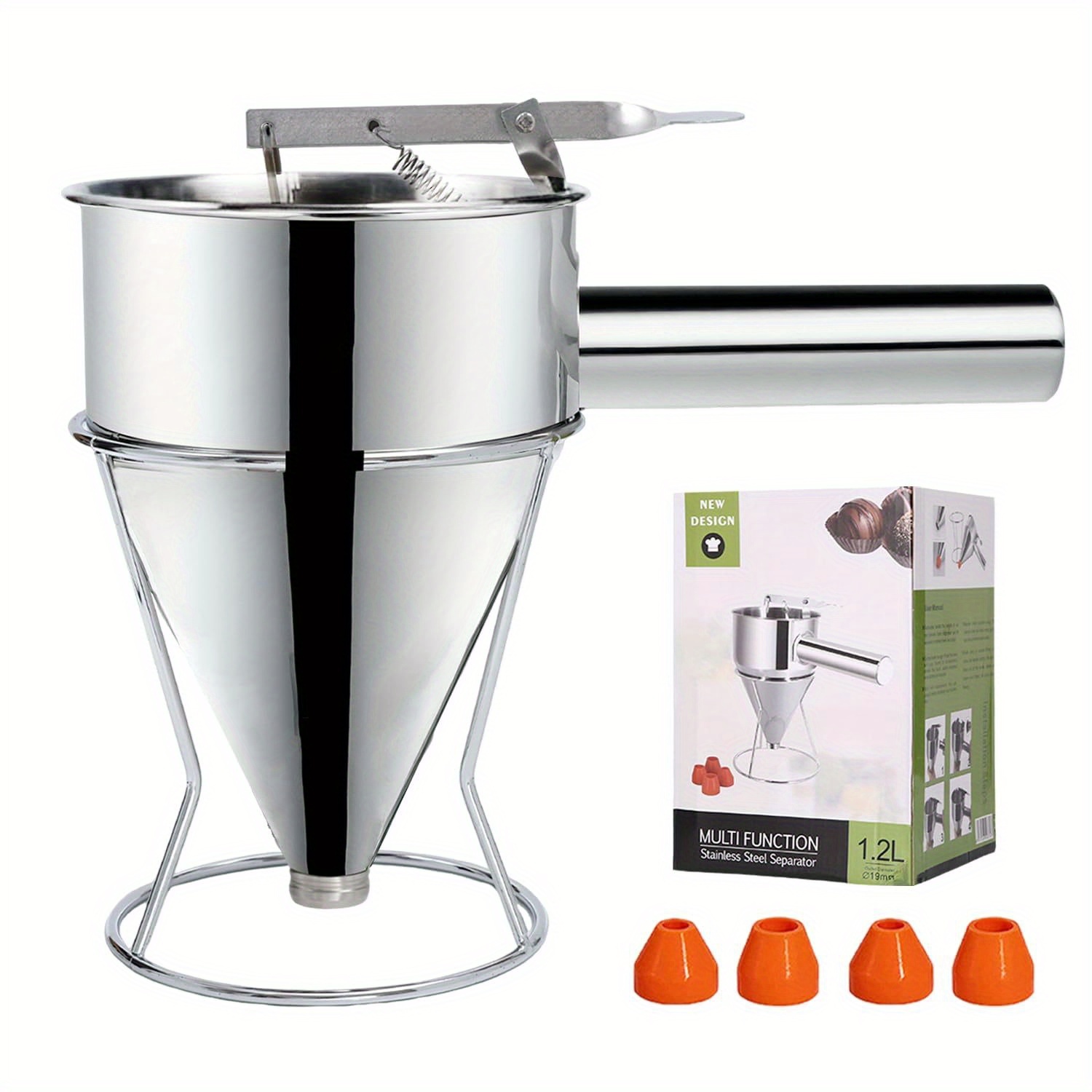 Dough Scoop, 1200ml Stainless Steel Pancake Dough Dispenser, Multi-calibre Kitchen Baking Funnel, Scoop Dough With Stand And 4 Different Nozzles For Pancakes Desserts