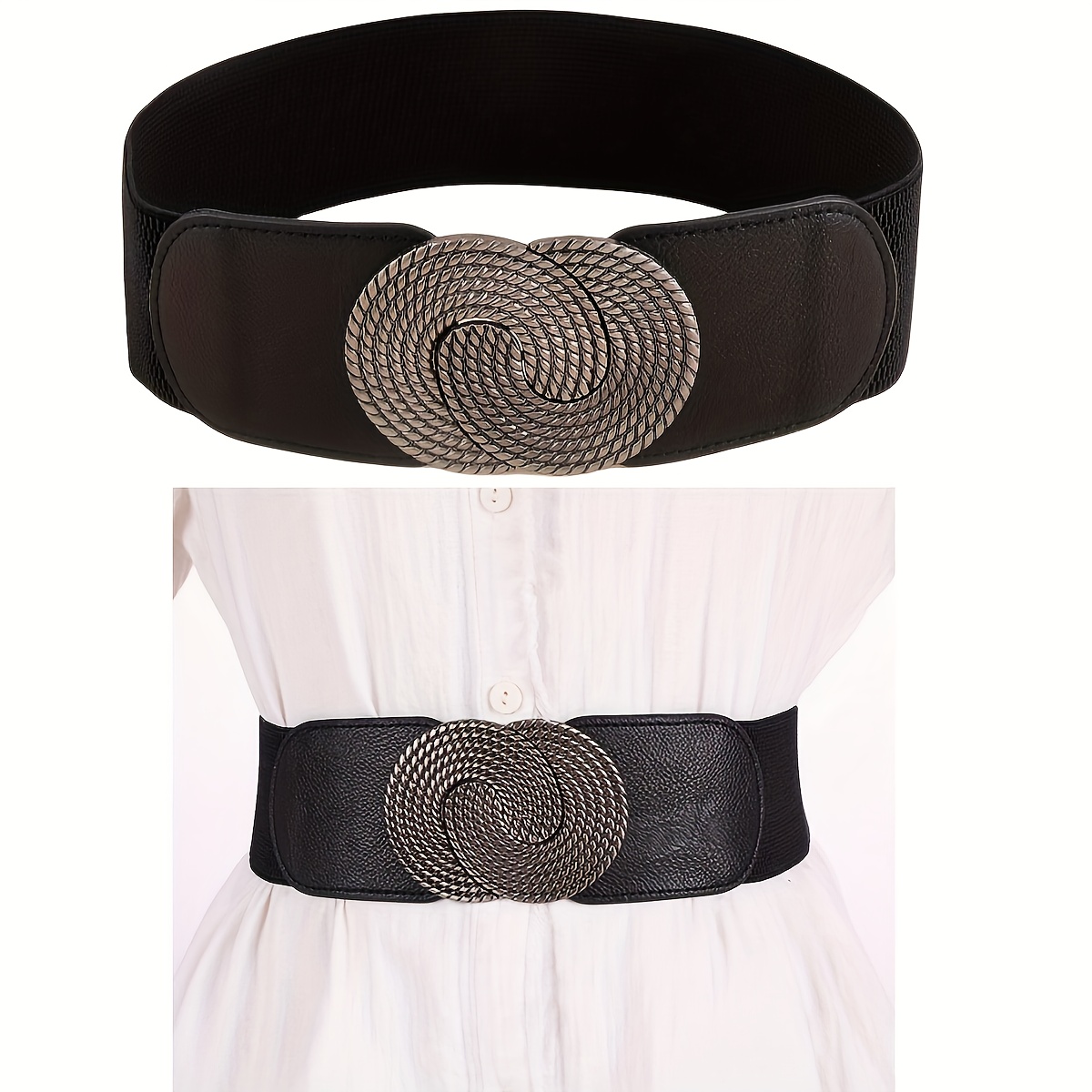 TEMU Ladies' Retro Elastic Wide Belt, Silver Round Belt, Easy To Put On And , Suitable For Dresses, Formal Wear, Suits, Jackets, Suits And Women's