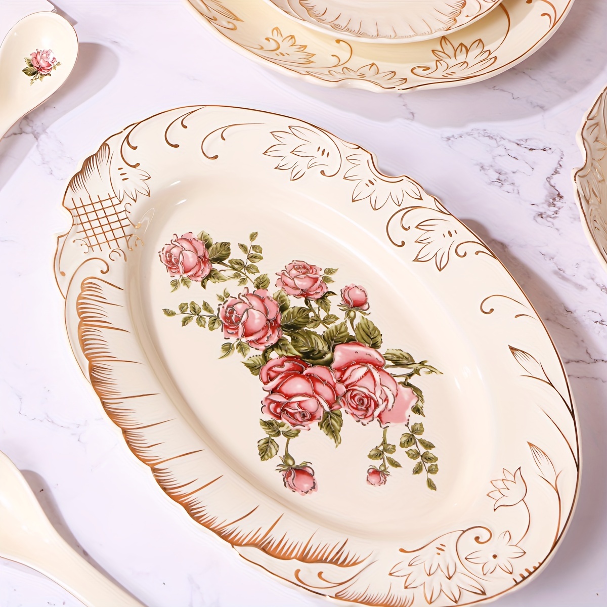 Elegant 12-Inch Golden-Embossed Ceramic Fish Plate - Oval, Large Serving Dish for Steamed Fish & More - Perfect for Home And Commercial Use