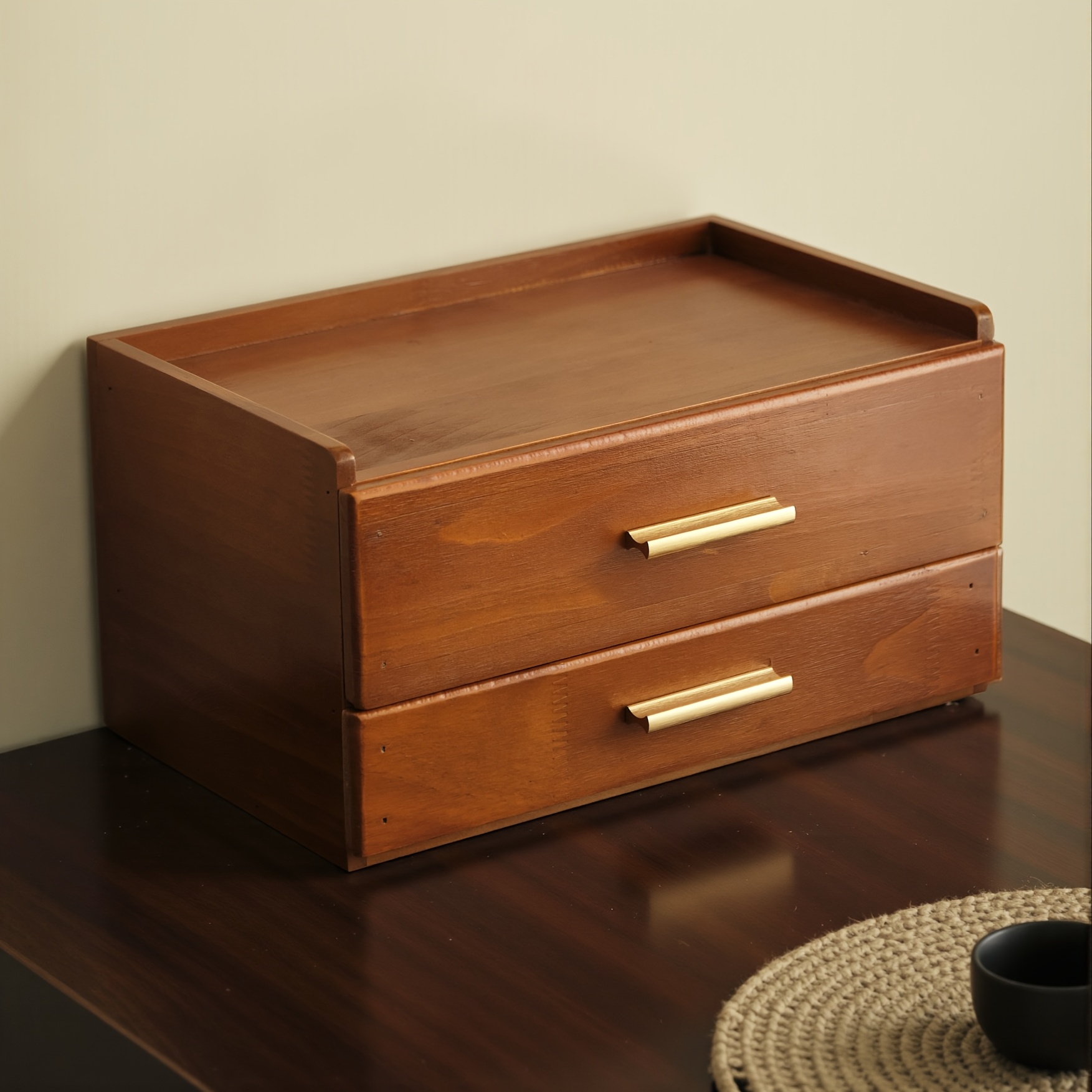 solid wood 2 drawer storage organizer with brass handles   dining organizer for tea bags coffee pods utensils durable home desk or countertop storage box