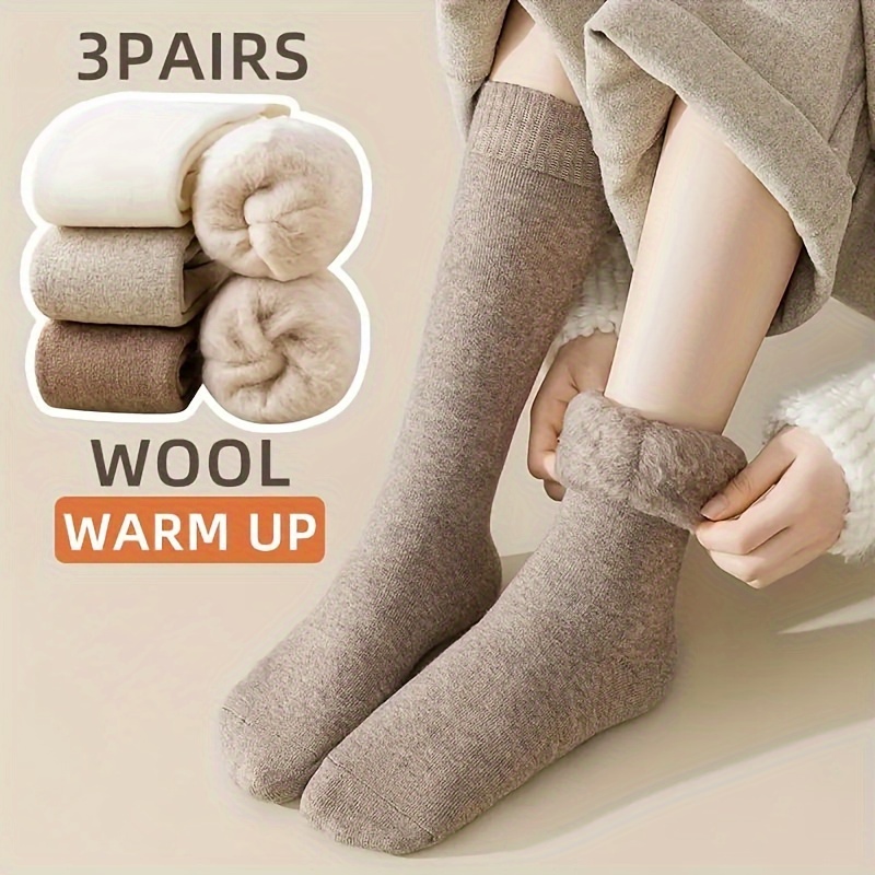 

Elegant Calf Socks 3 Pairs - Polyester Acrylic , Solid Color With Fur Detail, Cozy Socks For Couples, Machine Washable, Comfortable Woven Fabric