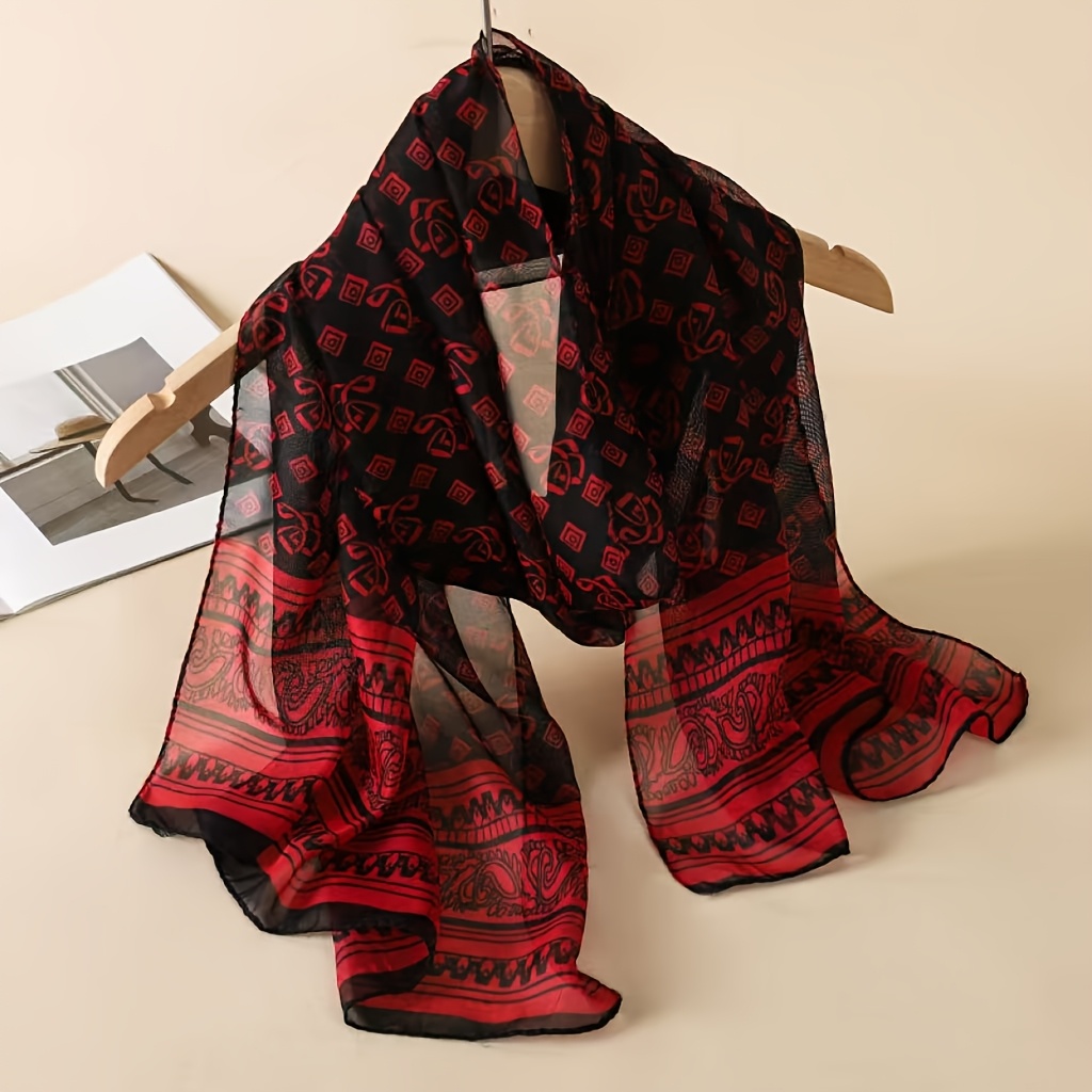 TEMU A Women's Chiffon Scarf, A Stylish Accessory With An Elegant Design In Regular Size, Featuring A Chic Black And Red Pattern, Shopping And