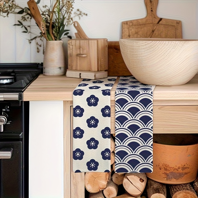 TEMU 2pcs, Navy Blue Japanese Wave Pattern Kitchen Towels, Kitchen Towel Set, Super Absorbent Soft Cleaning Cloth, Cooking Baking Tea Towel, Tea