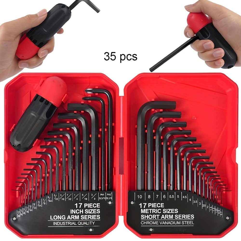 35  hex key allen wrench set sae and metric assortment l shape chrome vanadium steel precise chamfered tips mm 0 7mm 10mm sae 0 028 3 8 in storage case