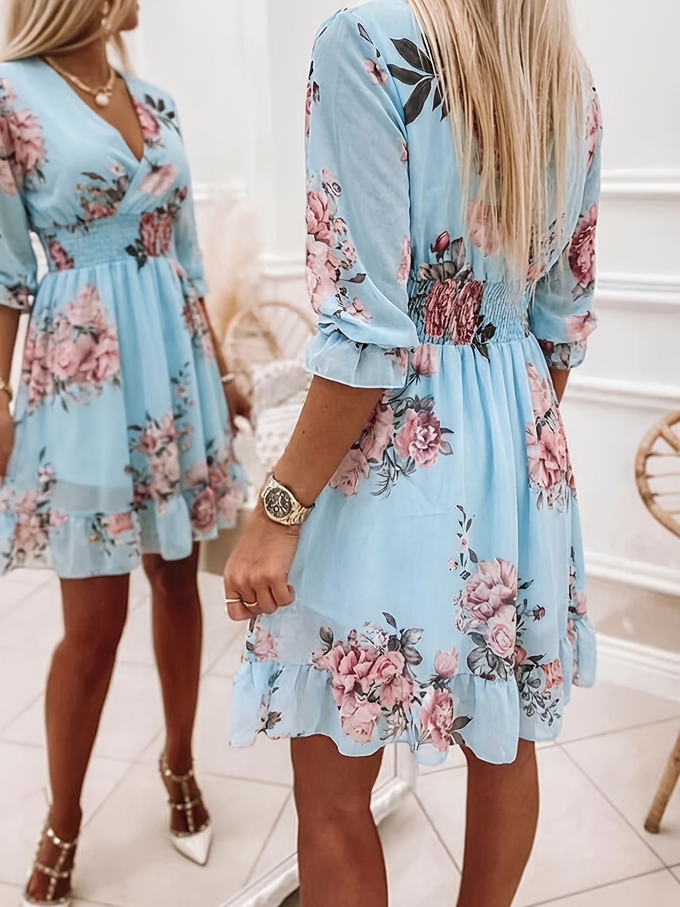 item picture new 26   spring summer womens fashion floral print deep v neck short sleeve dress