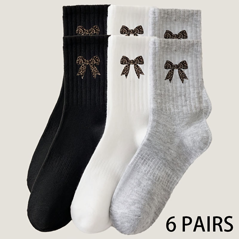 TEMU 6 Pairs Women's Mid-calf Socks, Women's Socks | Black, White, Gray | Easy All-match Solid - Socks - Leopard Print Bow Pattern, Quick-dry And