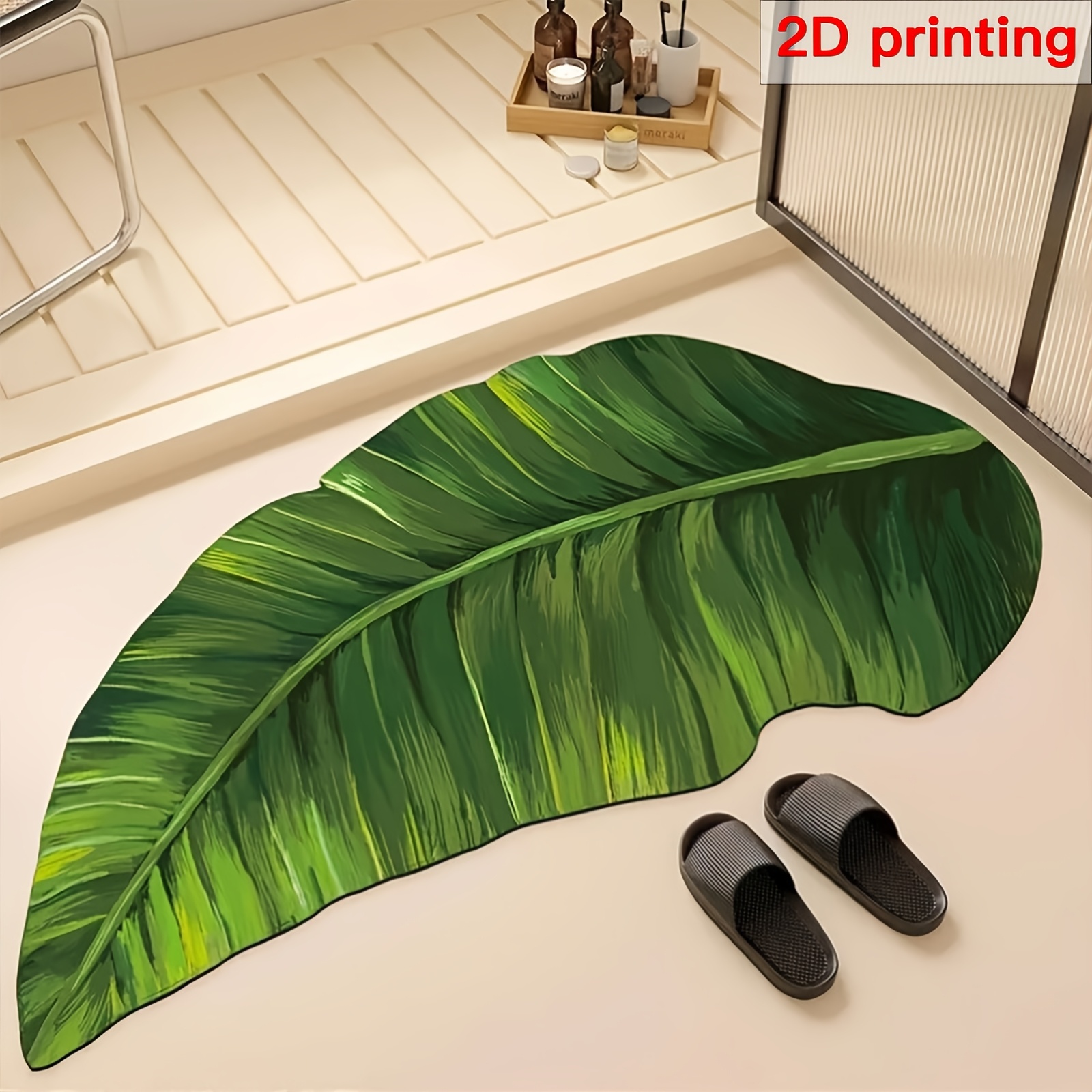 2d Flat 1pc Green Leaf Shaped Bathroom Mat, Mud Material Quick Drying And Absorbent, Comfortable Feel, Suitable For Bathroom, Kitchen, Living Room, Bedroom And Home Decor