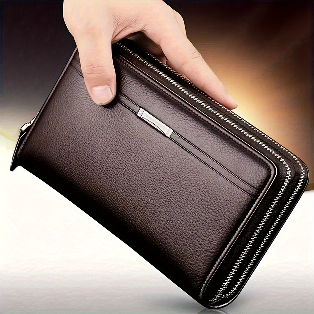 TEMU Obcreatr Men's Sleek Leather Clutch Wallet - Large Capacity, Dual Zipper Design With Card & Coin Slots - Business Or Casual Use