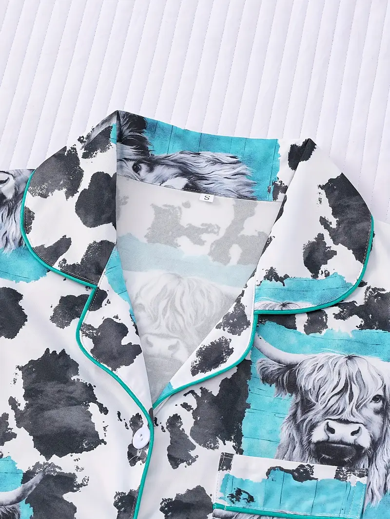two piece womens white pajama set cow print fabric comfortable for short sleeved button top collar and matching shorts with full body print and pocket details suitable for adult pajama set Product details 2