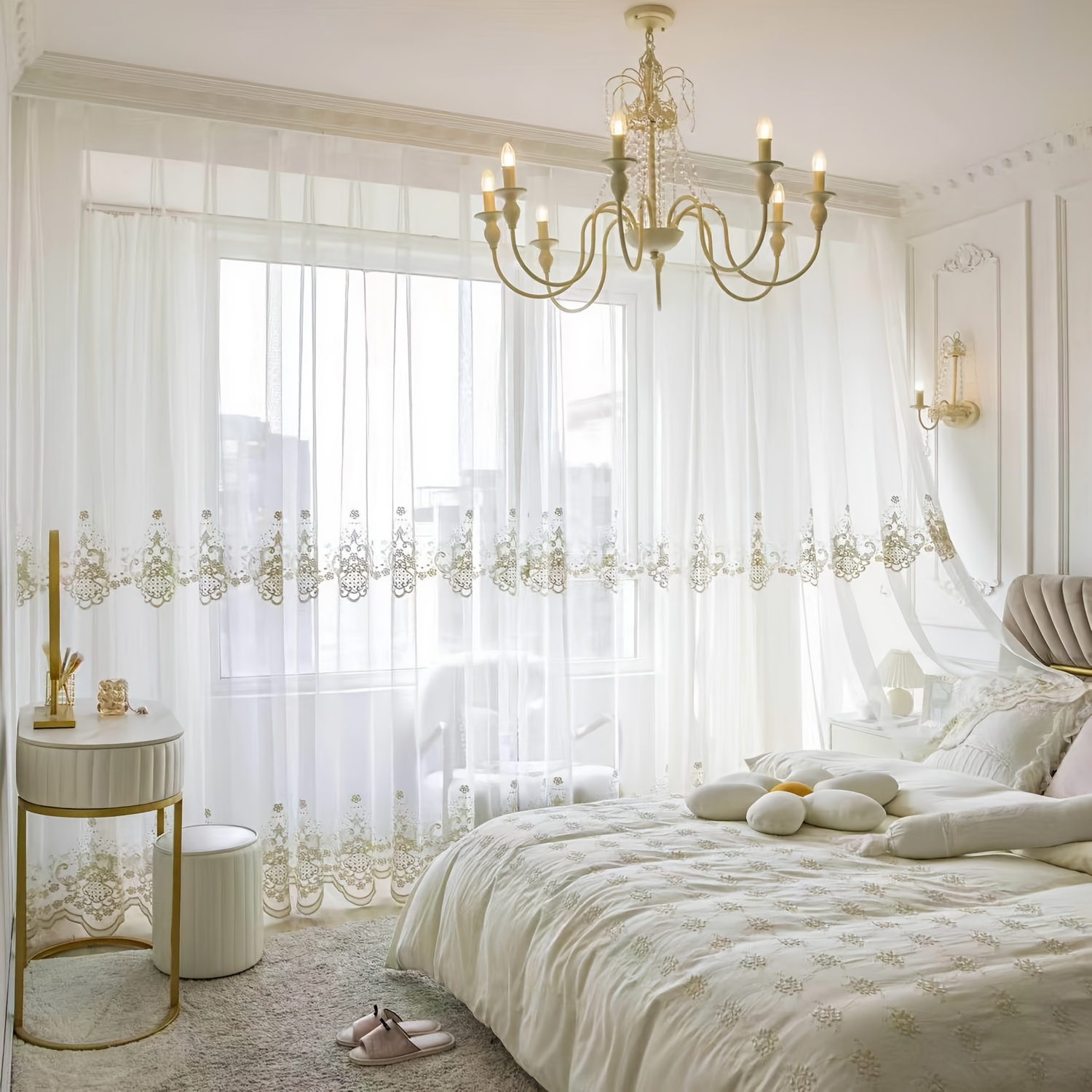 A Pair Of 2 European-style Classical Embroidered Sheer Curtains, White Transparent Curtains With Rod Pockets, Suitable For Bedrooms, , And Living Rooms Curtains