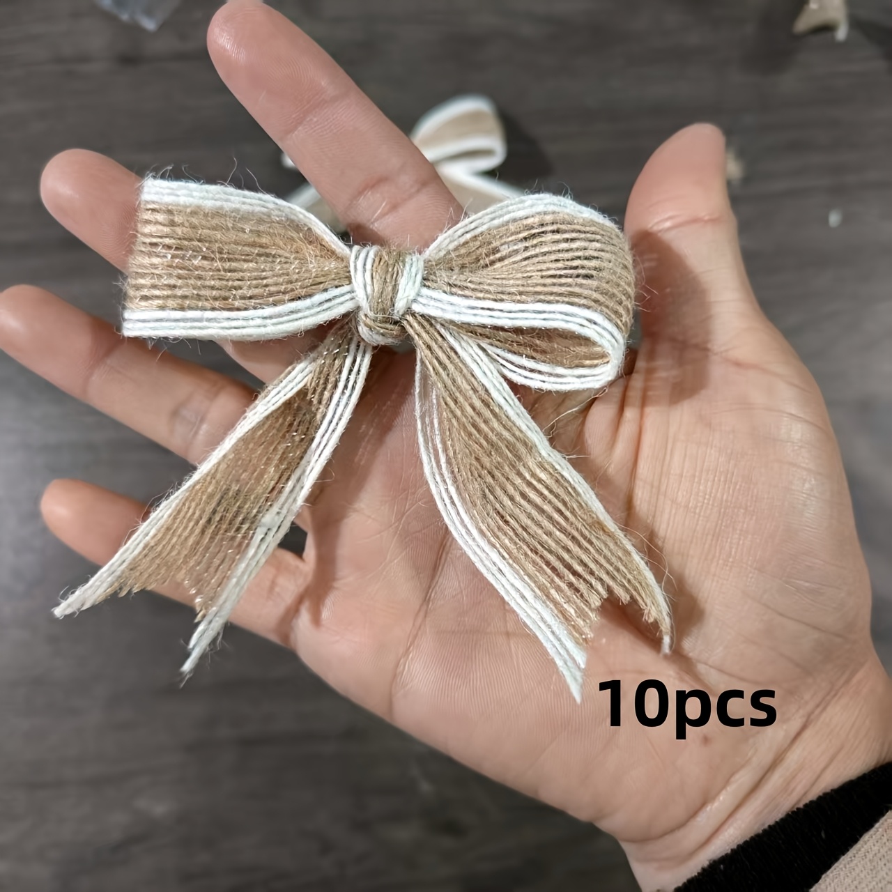 TEMU 10pcs White Edge Linen Bow, Burlap Dovetail Bow, Christmas Tree Decoration Handmade Decoration Bow Wedding Celebration Party Decoration Bow