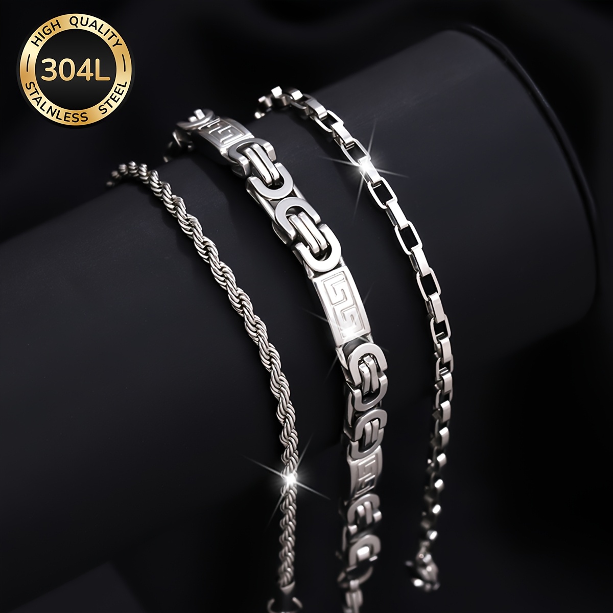 3pc Waterproof 304 Stainless Steel Men's Bracelet Set