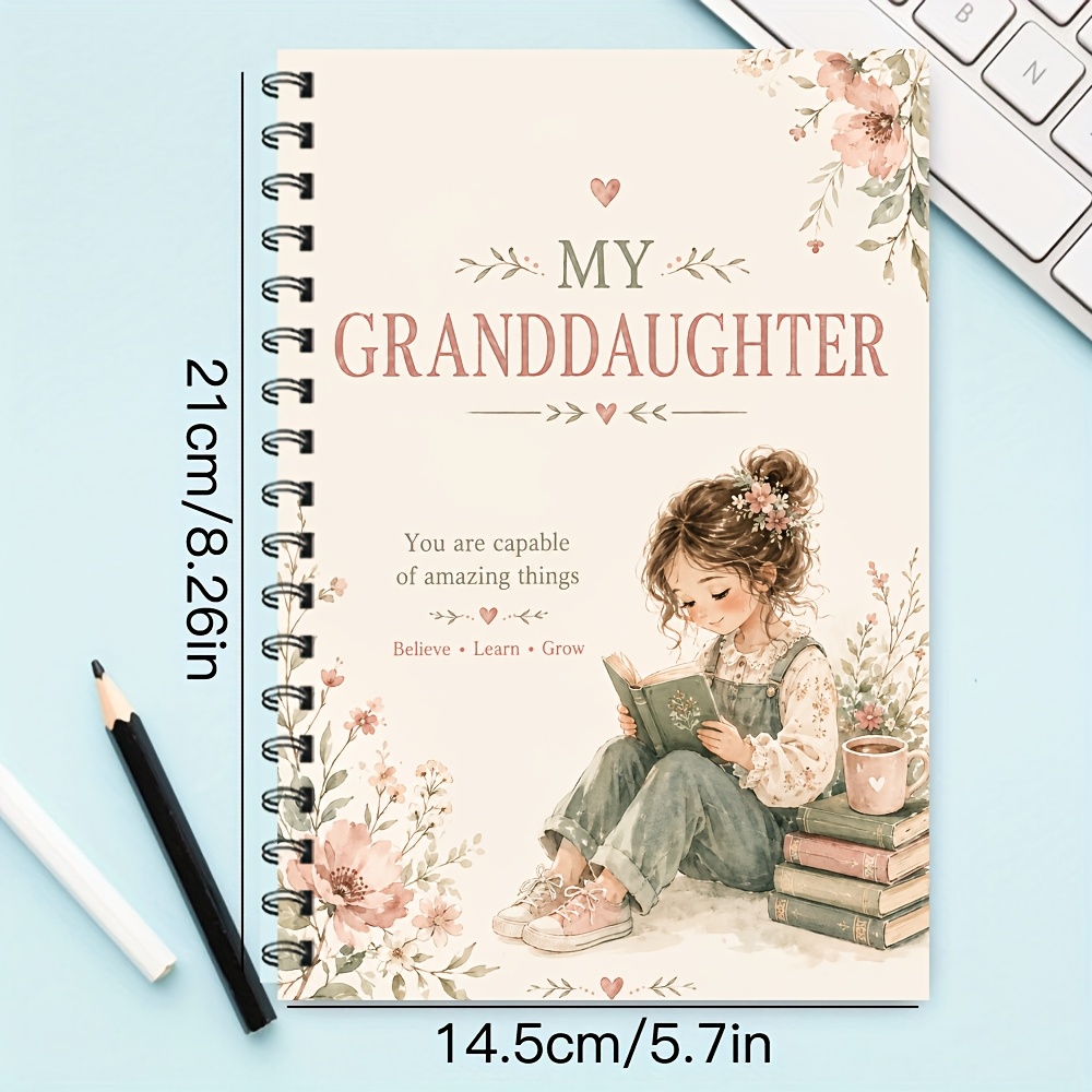 TEMU My Granddaughter A5 Spiral Notebook, 1pc Gentle Floral Reading Journal Cover With Young Girl Holding A Book, Stacked Books, Cup, Soft Flowers,