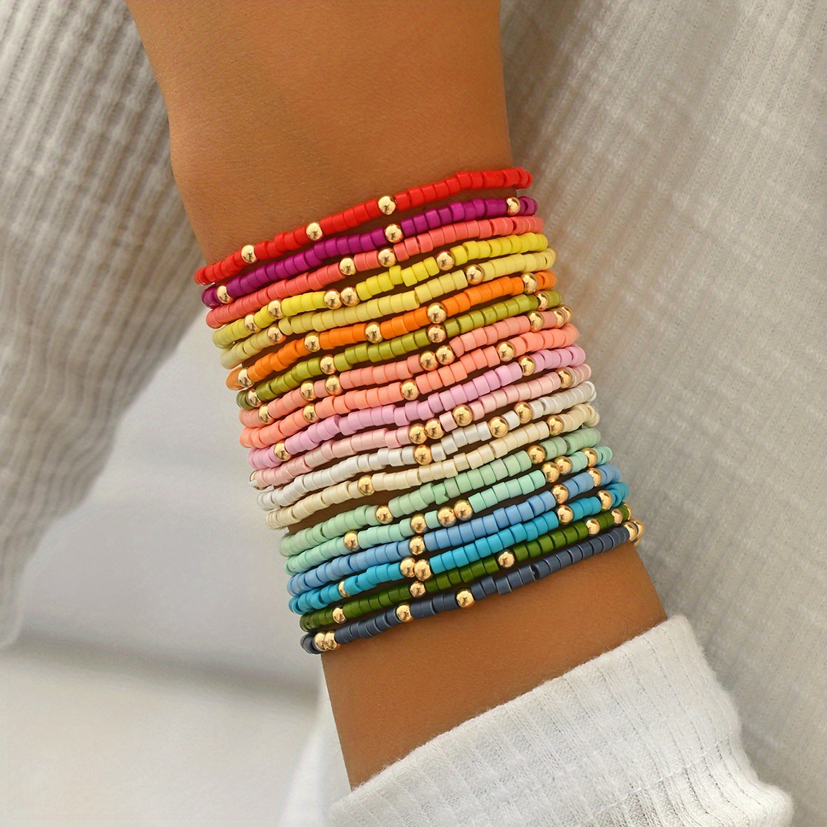 Image of 19pcs Women's Bohemian Colorful Seed Bead Bracelet Stack Set For Beach Vacations, Travel, And Daily Wear