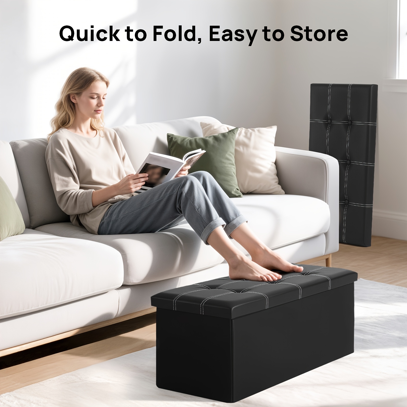 Image of Storage Ottoman Bench, Folding Ottoman Stool, Ottoman With Storage, Storage Chest, End Of Bed Bench, Padded Seat, Storage Bench With Seating For Bedroom, Living Room