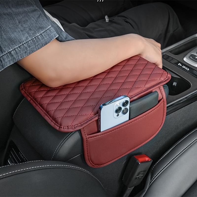 

1pc Fit Red Quilted Leather Car Armrest Cushion With Pocket - , -resistant Elbow Support & Storage Pad For Vehicle Interior