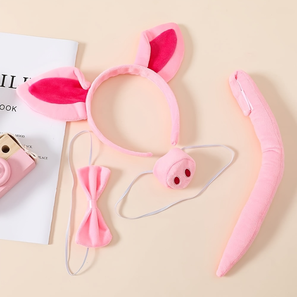 4pcs Cute Pig Costume Set With Ears, Tail, Nose & Bowtie - Perfect For Cosplay & Parties, Ideal For Halloween, Christmas & Easter