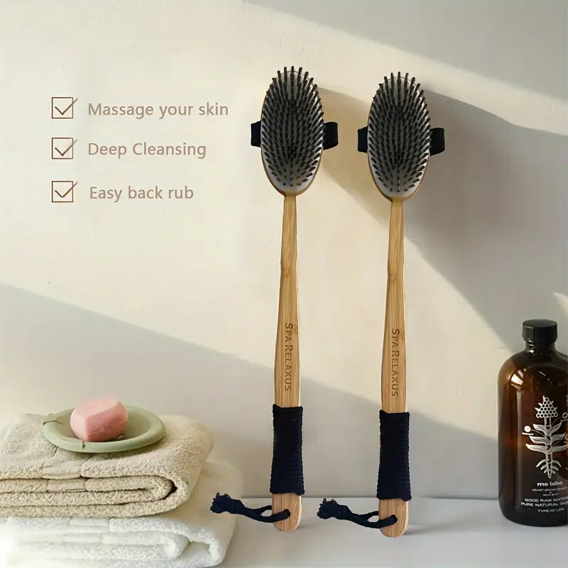 1 extra long curved handle lotus wood bristle round bath cleaning brush with lanyard design lazy family bathing magic Product details 1