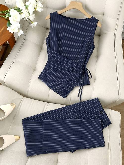 damenanzug, lässiger business-stil, gestreiftes zweiteiliges set, französisch gestreift, ärmelloser jumpsuit, damen-taillenbund-top, gerade hose mit weitem bein, pendeln, temperamentvolles high-end-zweiteiler-set, seitenband, die enge passform kann angepasst werden, pendeln zum arbeiten