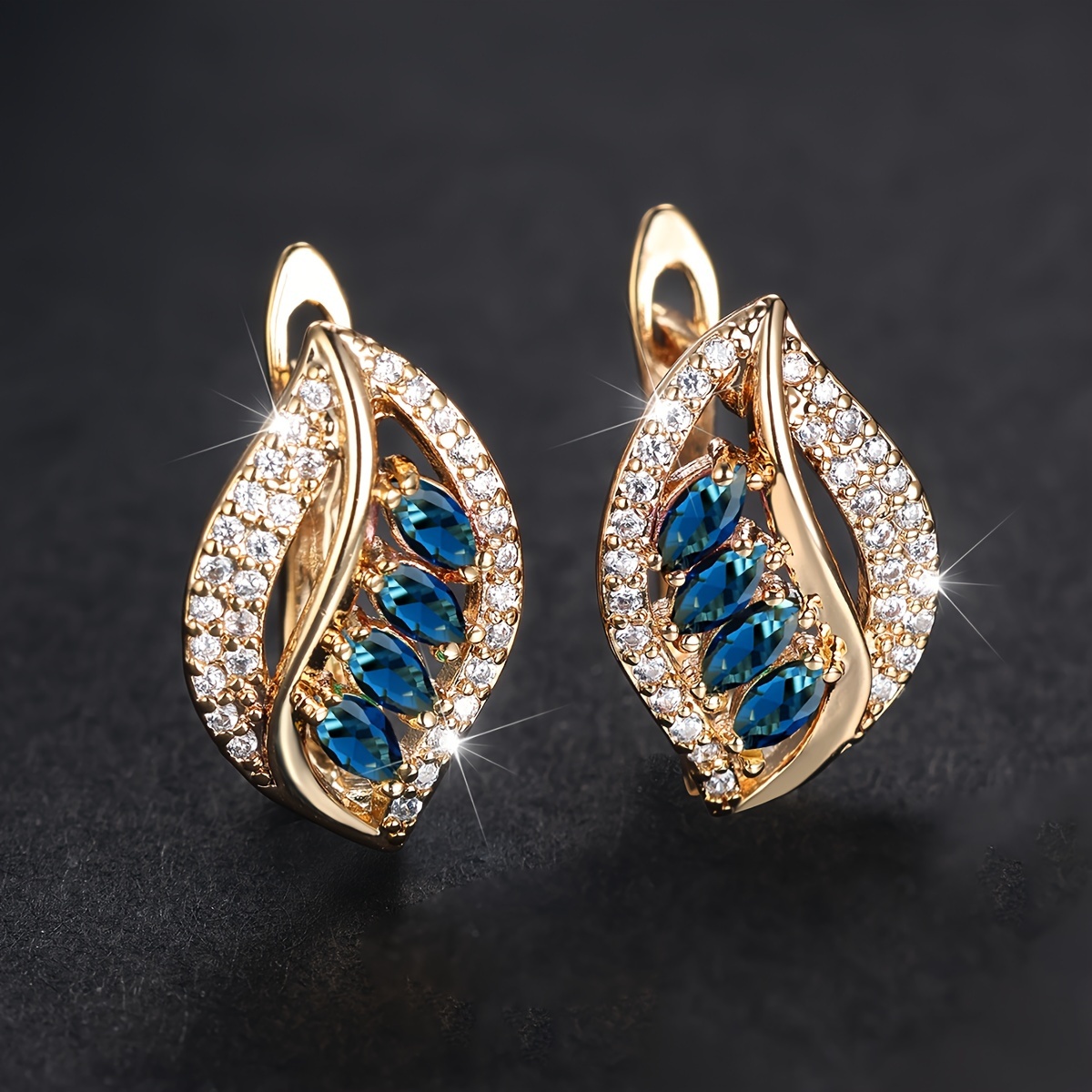 TEMU 1 Paire de Boucles d'Oreilles Pendantes de Luxe de Marquise avec Pierres Multicolores, Style Feuille , Boucles d'Oreilles de Mariage