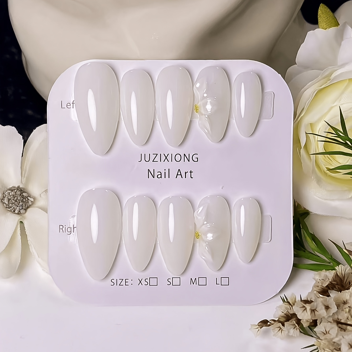 TEMU 10pcs Handcrafted Milky White 3d Bow Press-on Nails Set: Milky With 3d Bow And Golden Bead Accents, Gentle Translucent Style, Glossy Fine