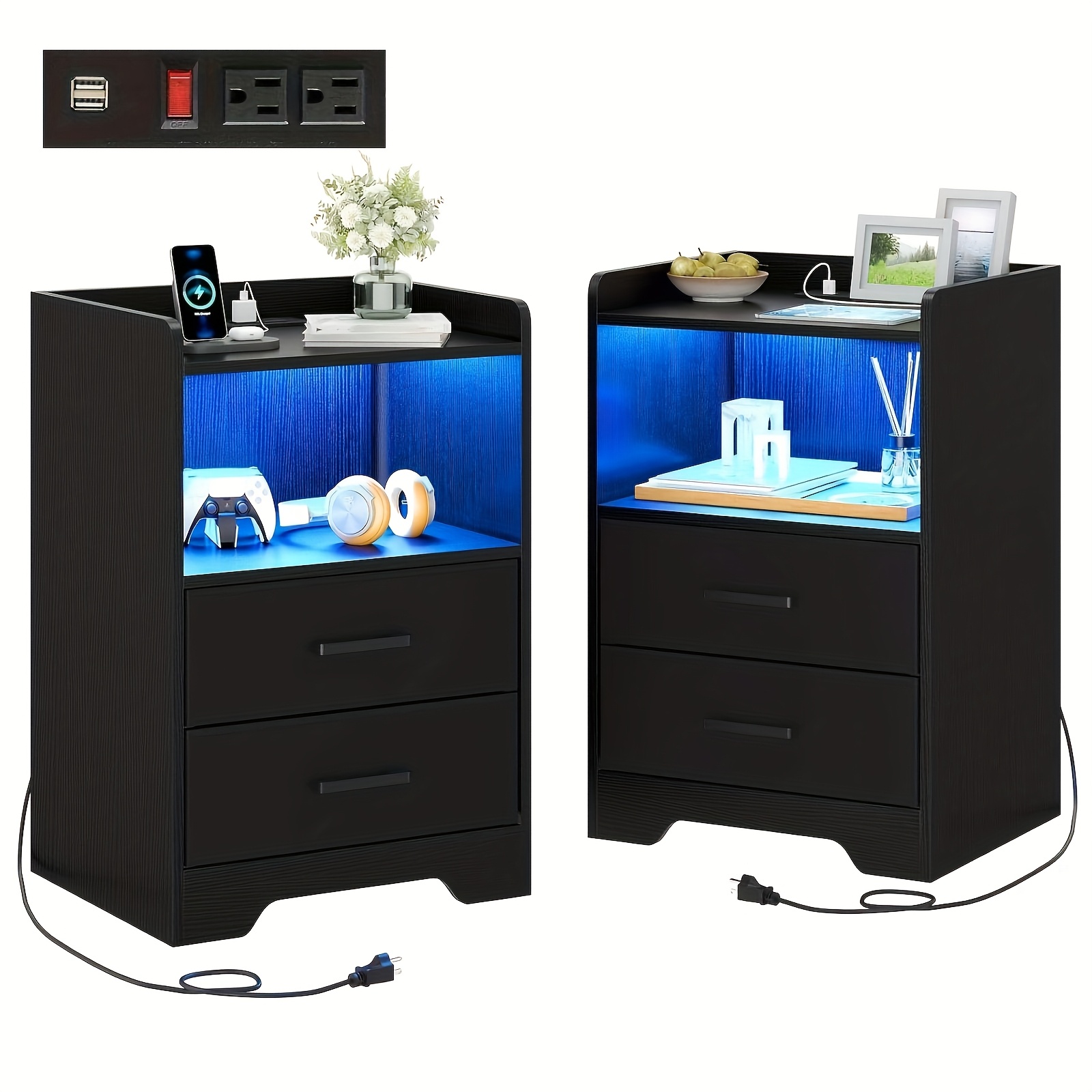 

Set Of 2 Nightstand With Charging Station And Led Lights For Bedroom, Bedside Table With 2 Fabric Drawers And Open Storage Space, 2pcs End Side Table For Living Room, Black