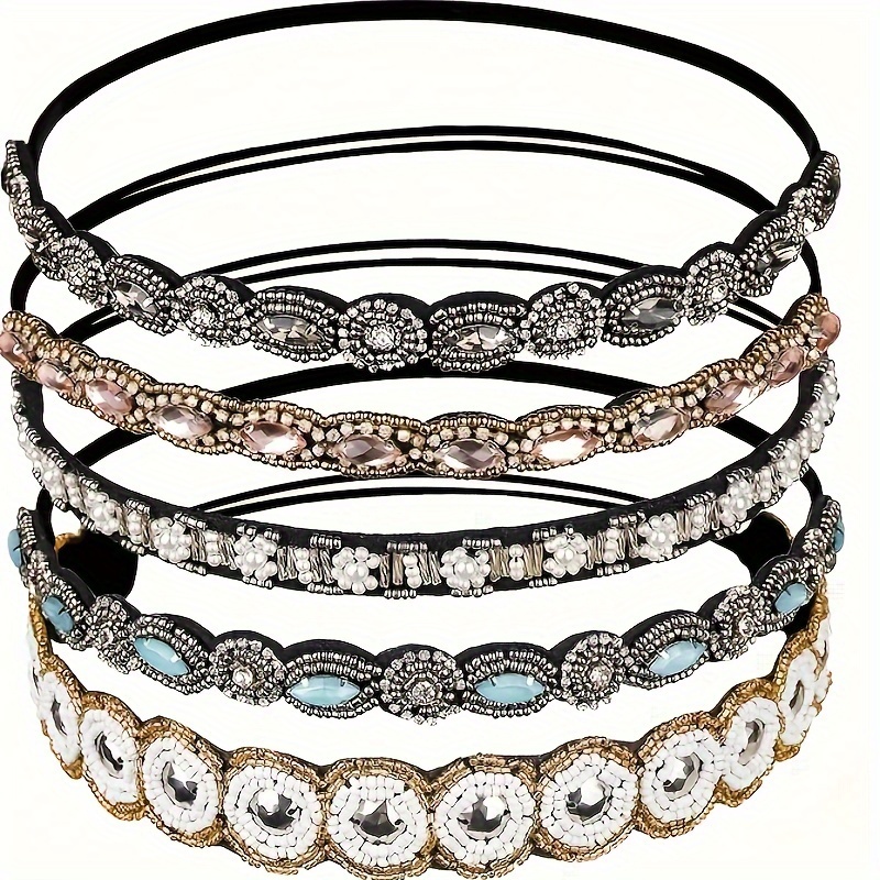 

5pcs Ladies Multi-color Fashion Bohemian Ethnic Style Headband, Handmade Crystal Rice Beads Beaded Elastic Headband.