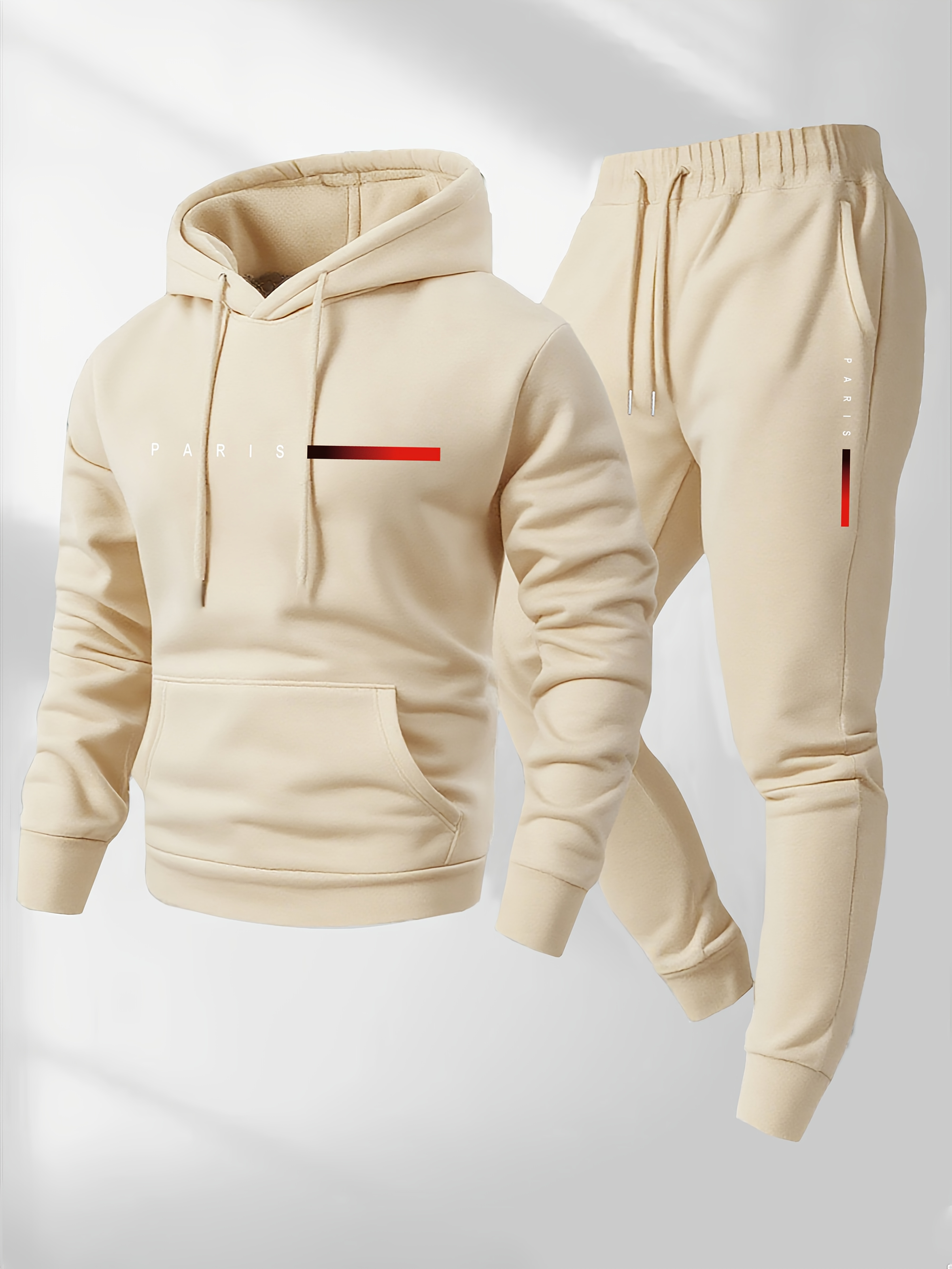 Men'S Casual Paris Letter Hoodie & Joggers Set - Gray Drawstring Pullover with Red Accents, Loose Fit, Long Sleeve, Fall/Winter Collection, Comfortable Clothing|Casual Style|Stretch Fabric