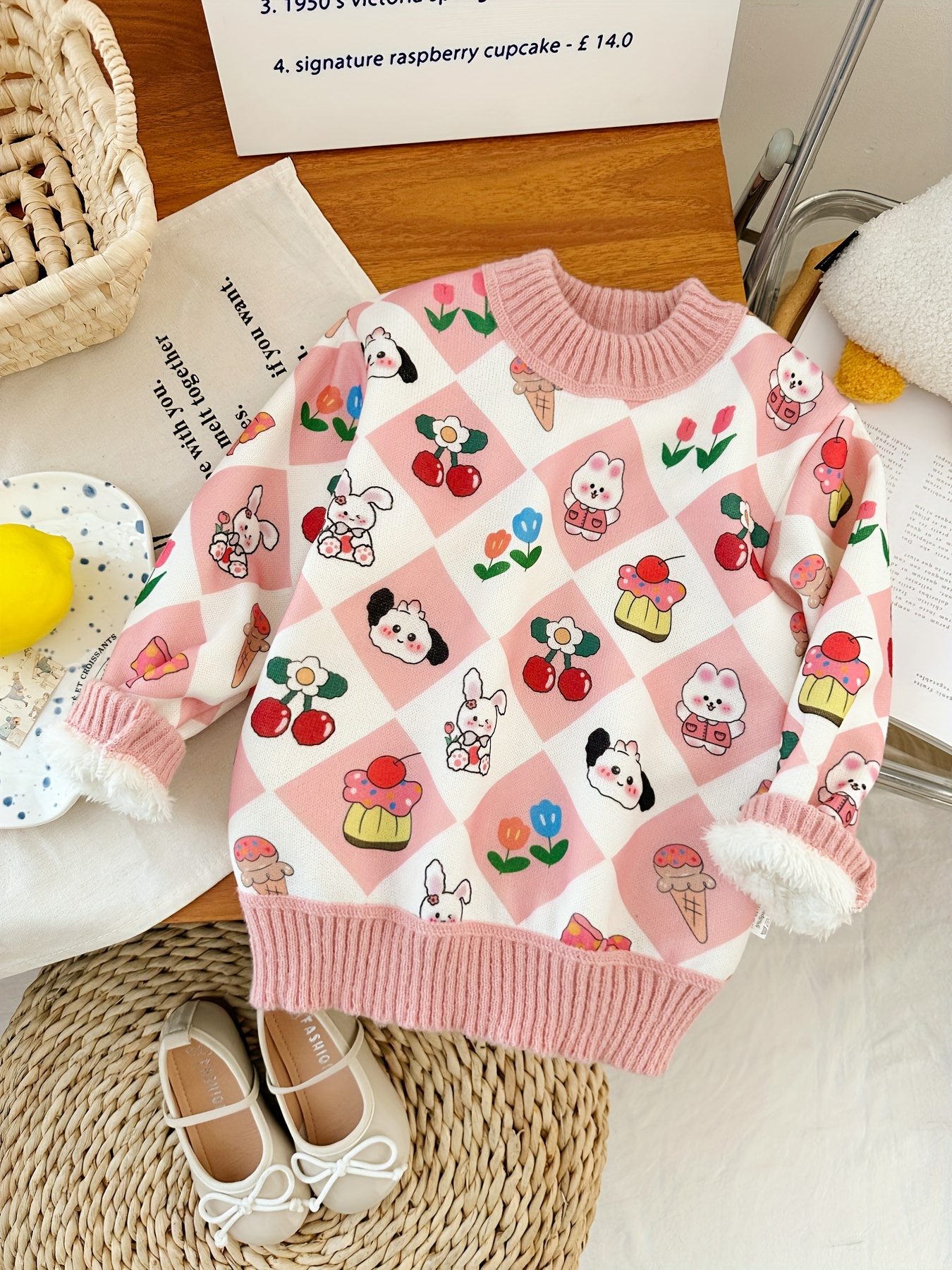 Girls' Winter Warm Sweater Cute Bunny Floral Print Pullover, Soft Pink  Long Sleeve Top with Cuffs, Cozy Fall/Winter Sweater for Everyday