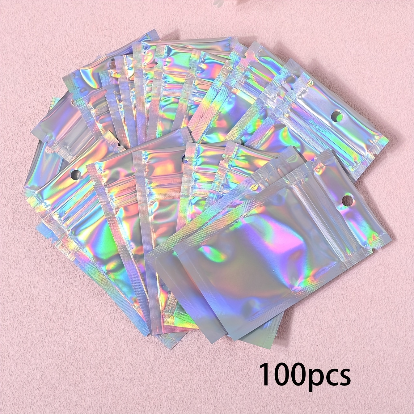 100pcs Rainbow Holographic Self-sealing Pe Bags - Reusable, Dustproof Jewelry Pouches For Party Favors, Shoes & Additions - 2.36x3.94inch