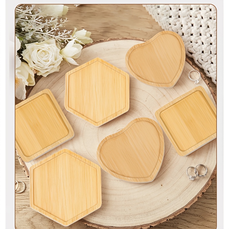 Image of 6pcs Diy Wooden Mosaic Craft Kit - Interchangeable Coaster Set, Includes Heart, Square, And Hexagon Shapes, Suitable For Home Decor And Jewelry Making