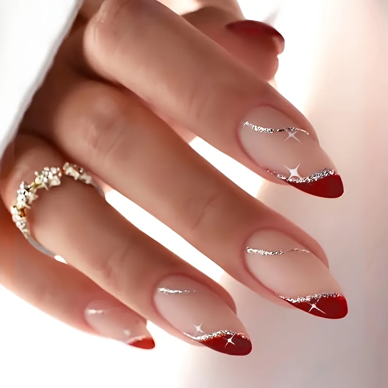 24pcs Red Nails, Romantic Silvery Glitter Press-on Nail Stickers, Suitable For Daily Wear