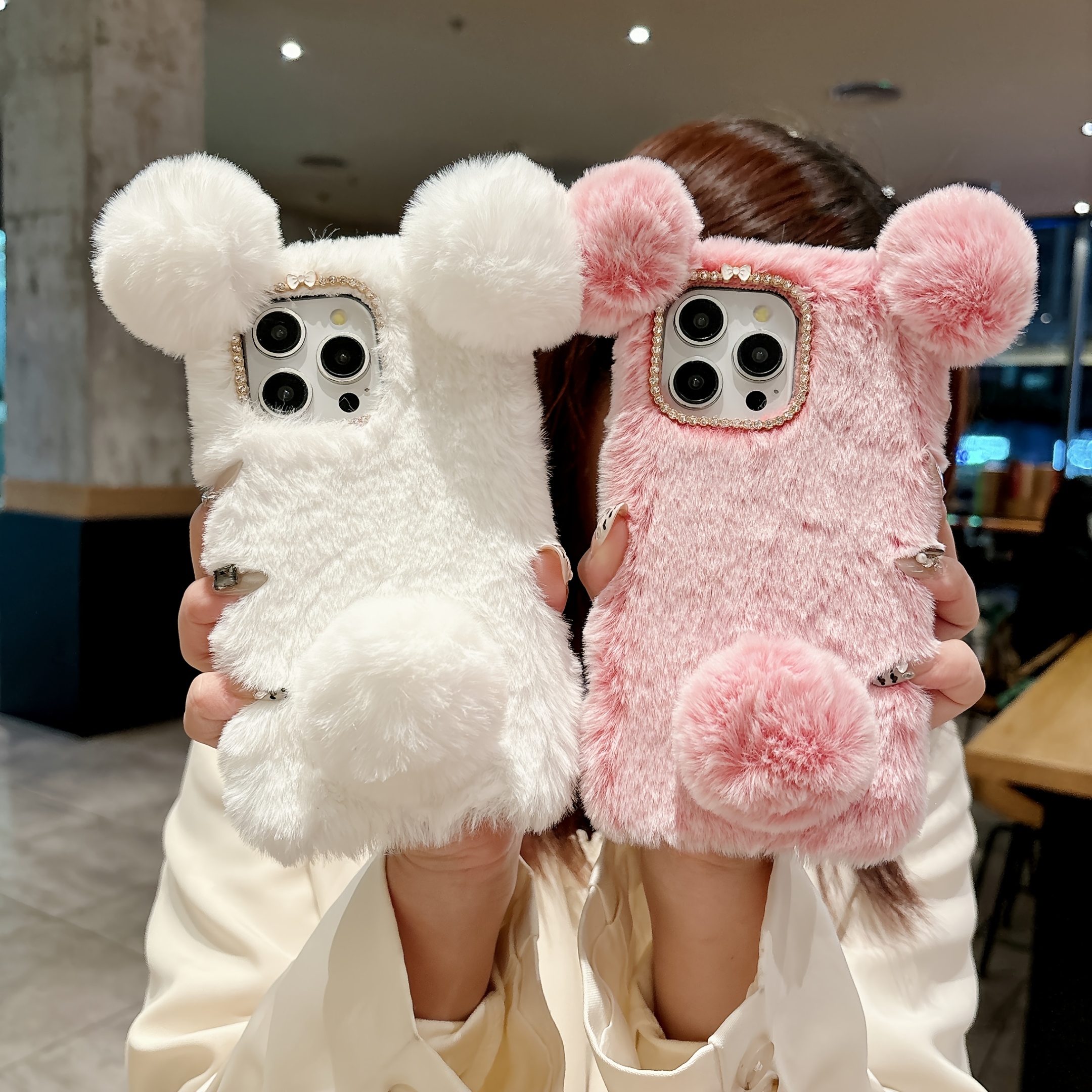 Phone Case - Fluffy Three-Dimensional * Cute Pink And White * Phone Case,  Suitable for * 16Pro Max/16 Pro/16Plus/16 /15 Pro Max/15 Pro/15/15Plus/14  Pro Max/14 Pro/14Plus/14/13 Pro Max/13 Pro/13 /12 ...