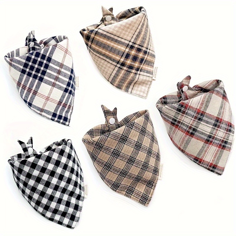 

5-pack Cotton Dog Bandanas With Snap Buttons - Double-layered Knit Triangle Bibs, Washable Plaid Scarves For Small And Medium Pets, All-season Accessories For Boys And Girls Puppies And Cats