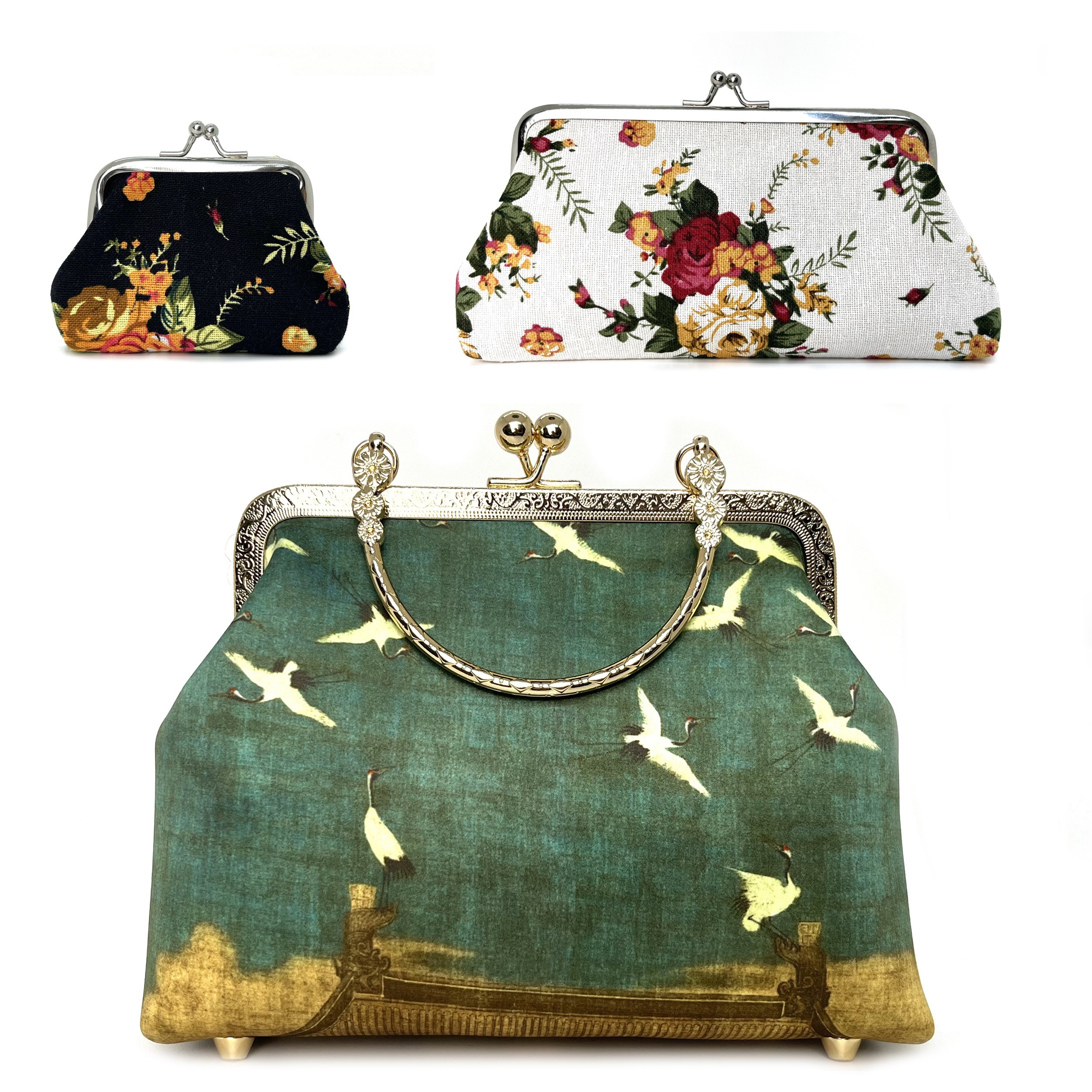 

Handmade Green Silk Bamboo Evening Clutch With Bird, Embroidered Birds And Flowers, Kiss Lock Closure