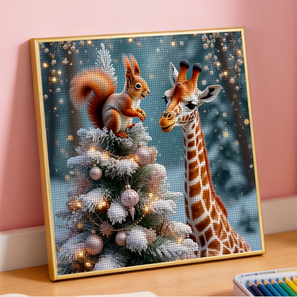 DIY Cross-Stitch Print Kit, Squirrel and Giraffe Under Christmas Tree Design