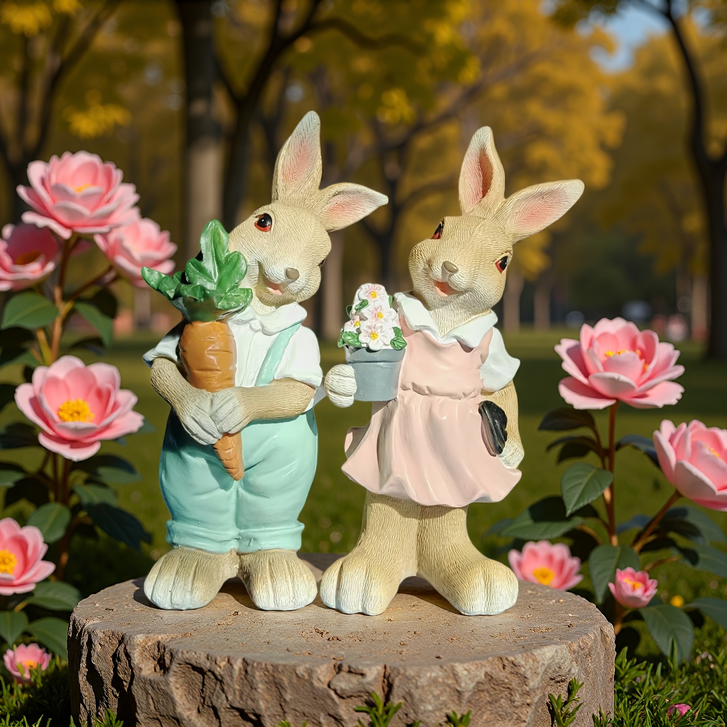 Image of 1 Pair Cute Country Style Rabbit Statues, Whimsical Holding Carrot And Flower Basket, Indoor/outdoor, Garden, Bookshelf, Terrace, Valentine's Day And Easter, Gift For Garden, Rabbit Statues