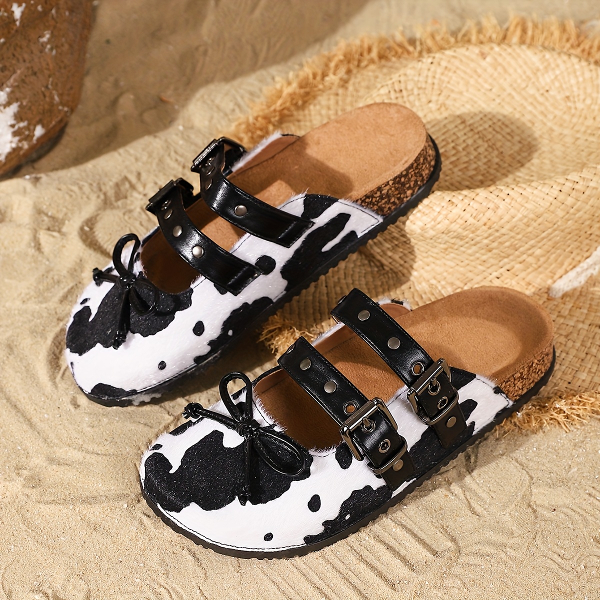 2025 Summer Women's Cow Print Bow Flat Sandals Slip-On Round Toe with  Synthetic Cover Fabric Upper, Rubber Sole for Casual Vacation