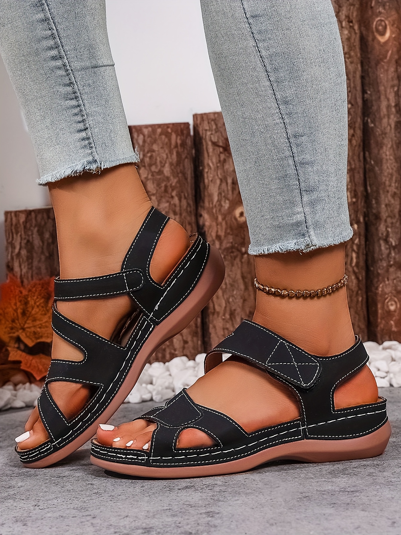 ladies summer lightweight sandals stylish and simple flat shoes solid color large size adjustable magic strap handmade shoes adjustable comfortable   toe womens sandals Product details 7