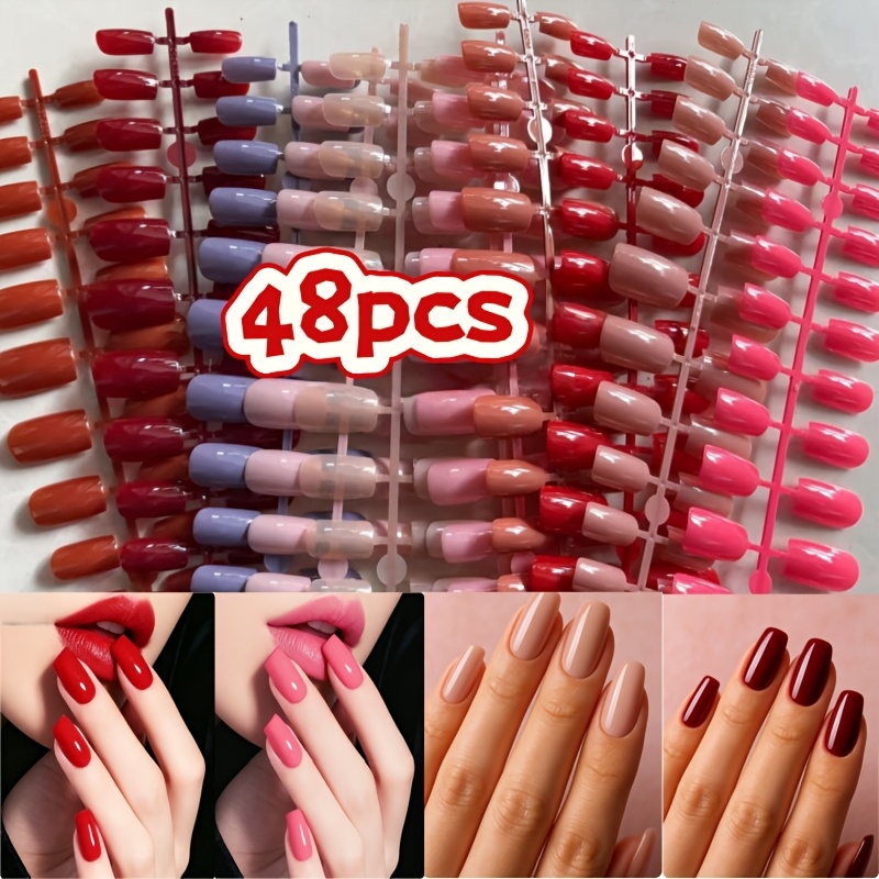 TEMU 48pz/120pz Unghie Finte Medie Quadrate Miste Colori Lucide , Adesivi Unghie Istantanei, Unghie Artistiche da Donna, Riutilizzabili