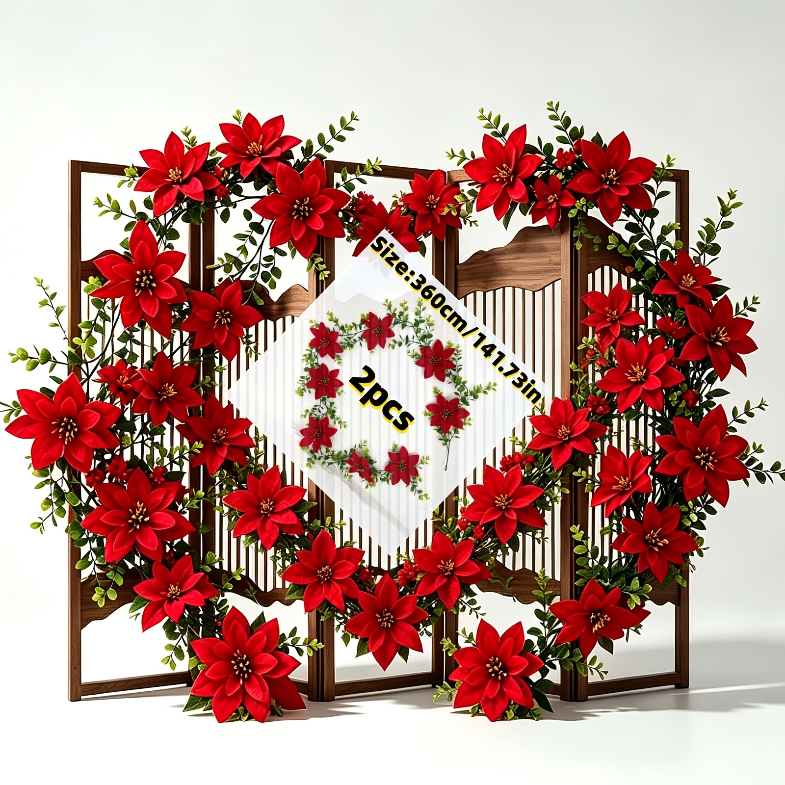 TEMU 2pcs Total 3.6 Mètres, 360Cm/141.73Pouces Ensemble Ultra-Long de 2pcs de Cordes de Rouge Artificielle de Noël, Grandes Fleurs de Rouge de Noël