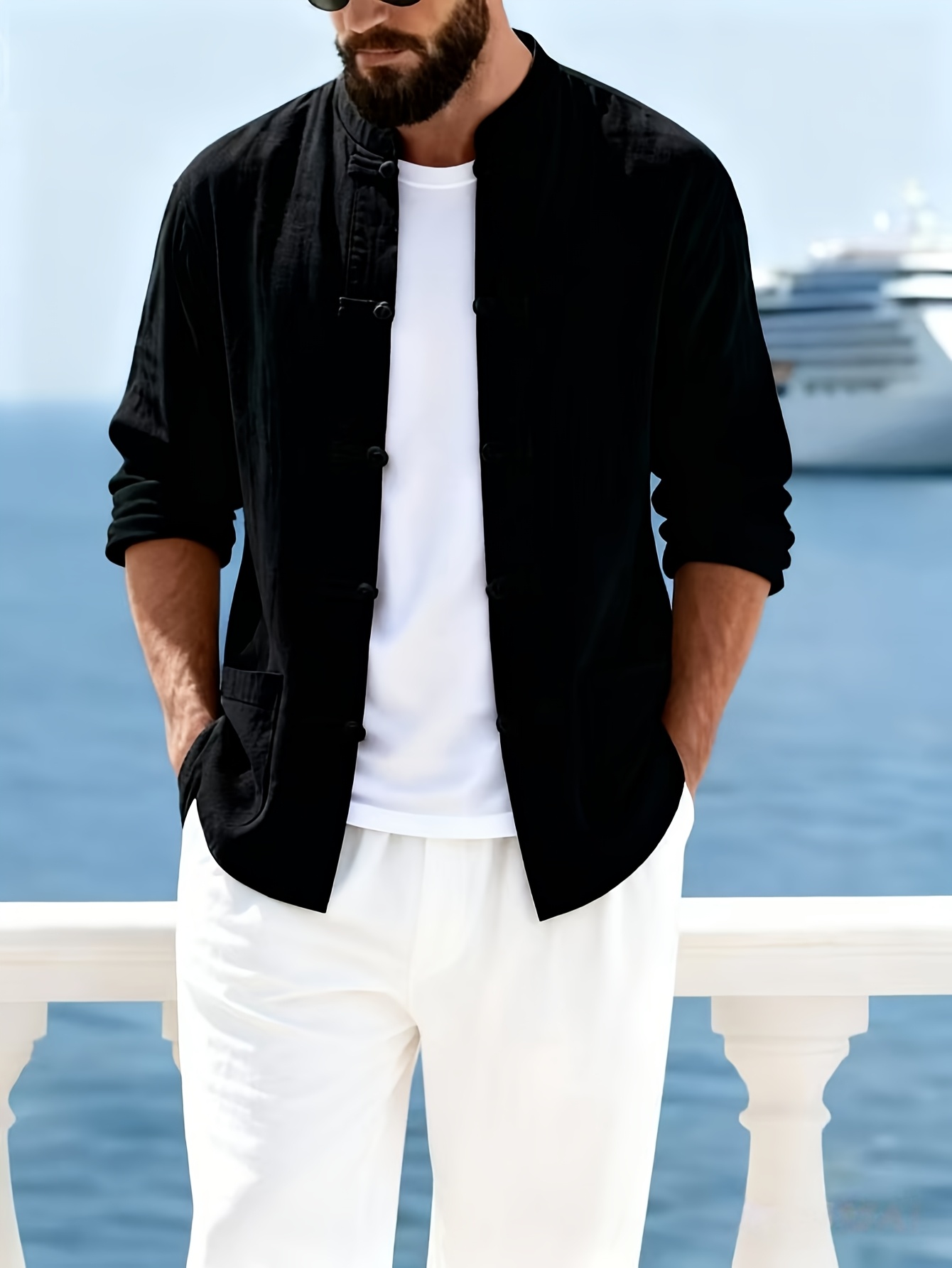 Men's Four-Season Long-Sleeve Vacation Style Traditional Chinese Style Button- Stand Collar Shirt Casual Commuter Style, Chinese Size, Please Check The Size Guide Carefully