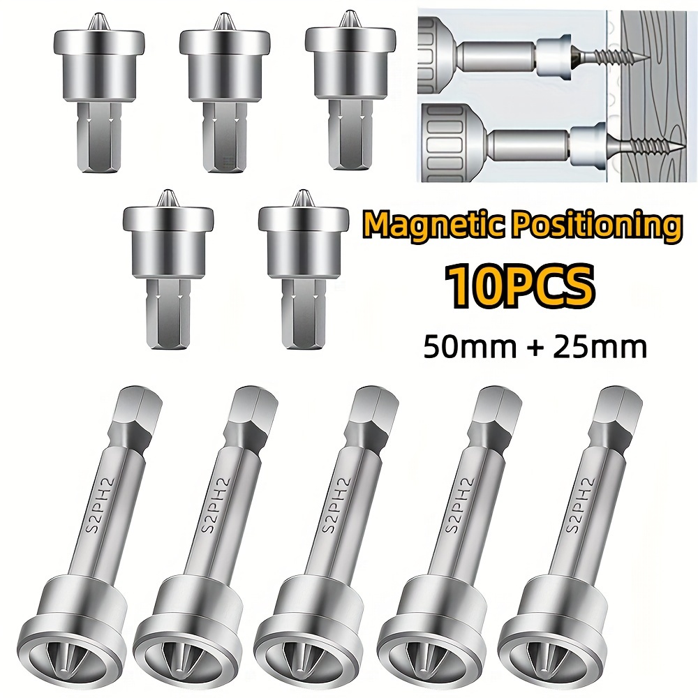 

10-piece Magnetic Screwdriver Bit Set - Steel Ph2 Head Drywall Screw Setter With Hex Shank - 5pcs 50mm + 5pcs 25mm & High-hardness Positioning Bits