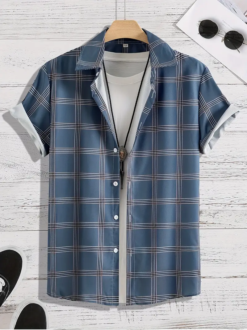 Men's Casual Short Sleeve Shirt - Tropical Plaid Print, Lightweight Breathable Fabric