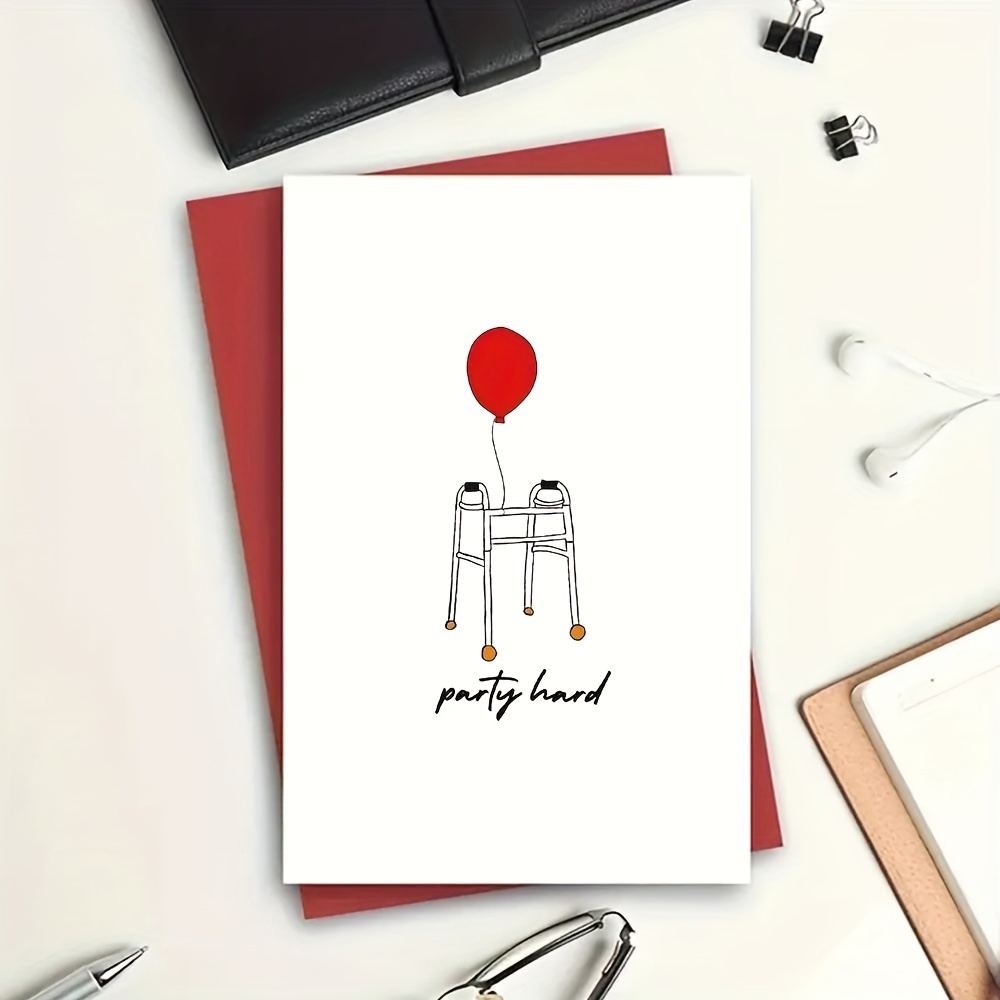 

1 carte d'anniversaire illustrée "Party Hard" avec marcheur et ballon pour , carte de vœux originale avec enveloppe, papeterie de fête unique, matériau en , utilisation multiple.