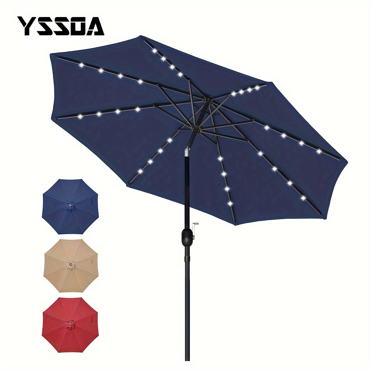 

Yssoa 9' Solar Umbrella 32 Led Lighted Patio Umbrella Table Market Umbrella With Push Button Tilt/crank Outdoor Umbrella For Garden, Deck, Backyard And Pool, Dark Blue/tan/red