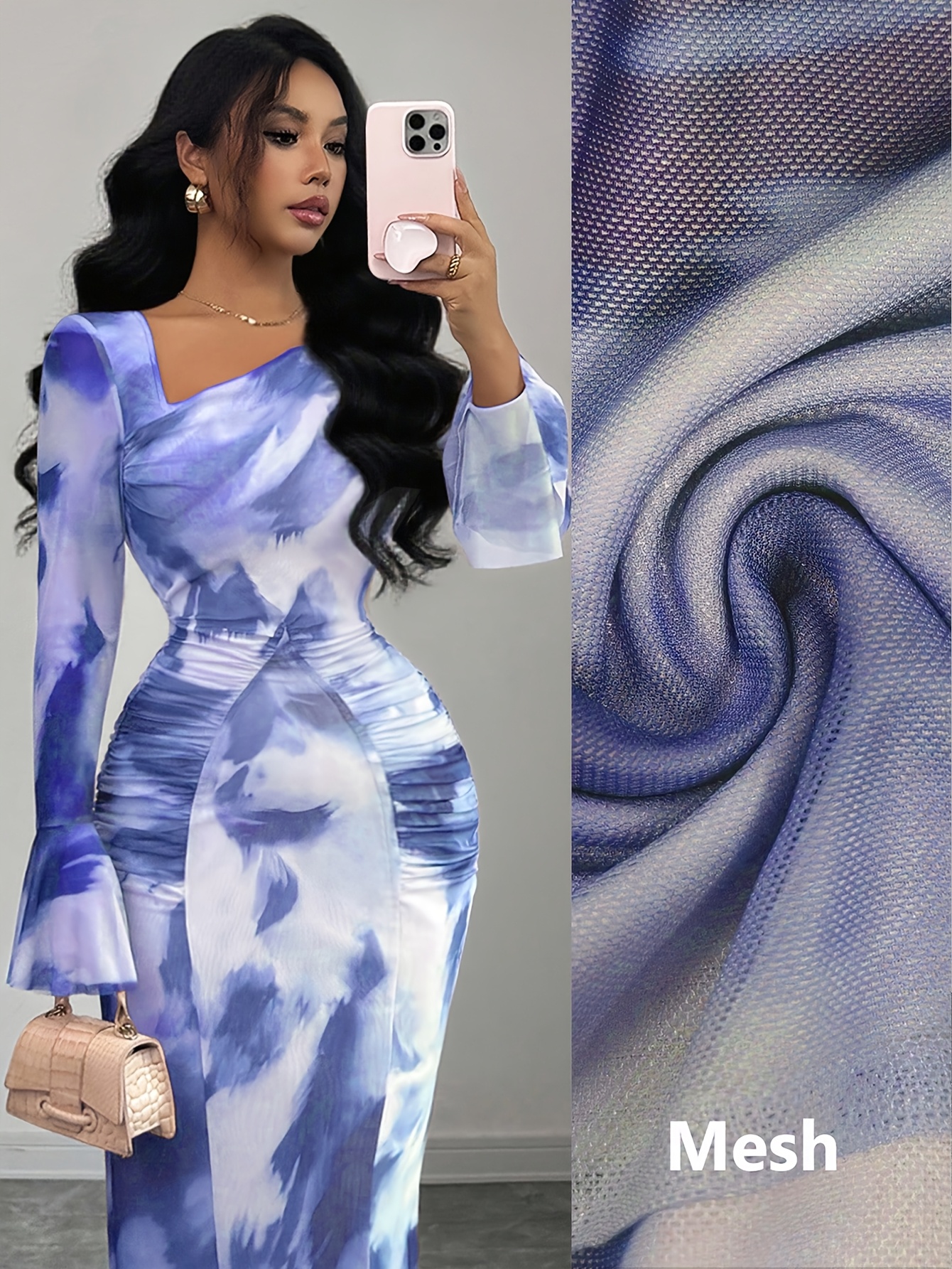 Elegant And Fashionable New Adult Women'S Autumn And Winter Floral Tie-Dye Print Notched Collar Long-Sleeved Flared Sleeve Slim Fit Waist Pleated Hip-Hugging Sexy Dating Commuting Vacation Dating Valentine'S Day Long Dress